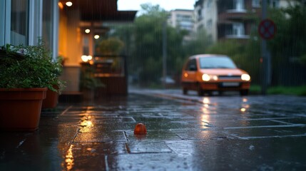 Poster - Captured on a rainy day, an orange car navigates a wet city street. Warm light spills from a nearby building illuminating the glistening pavement and lush potted plants creating a tranquil yet urban