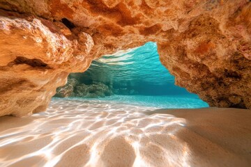 Aufkleber - A vibrant underwater scene with a sandy seabed shimmering under turquoise water, framed by a natural rock archway. Light dances on the sand, highlighting the textures and creating a sense of depth