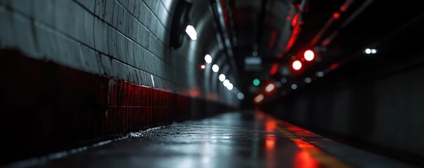Leinwandbilder - An empty subway station platform with wet tiles reflecting lights under a dark tunnel with a light in the distance creating a deep and contrasting perspective