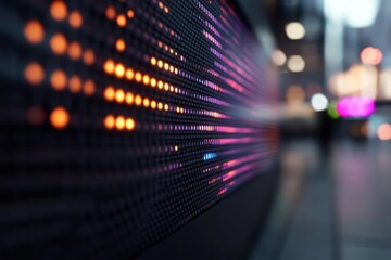 Poster - Close up of an electronic display panel with rows of lights displaying orange, pink, and purple on a black background. A city street and blurred buildings are visible in the background