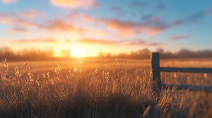 Aufkleber - Golden hour illuminates a field of tall grass and distant trees under a pastel sky at dusk. A weathered wooden fence post adds a rustic touch to the tranquil rural scene