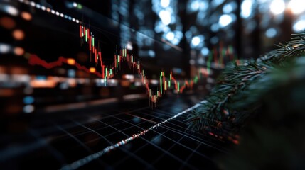 Fototapete - This dynamic image features an overlay of a financial market chart with rising and falling candlesticks in green and red. The chart is juxtaposed against blurred elements of a network grid and a