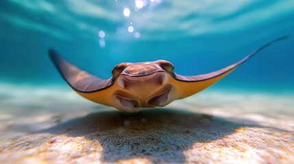 Aufkleber - A stingray swims towards the camera over a sandy ocean floor. The clear blue water allows a close-up view of the ray's face and wing-like fins, with sunlight filtering through the surface