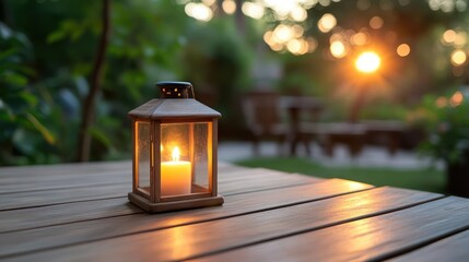 Poster - Warm candle light glows inside a rustic wooden lantern placed on a wooden table, with a blurry background of green foliage and golden bokeh lights, creating a cozy and inviting atmosphere. The photo