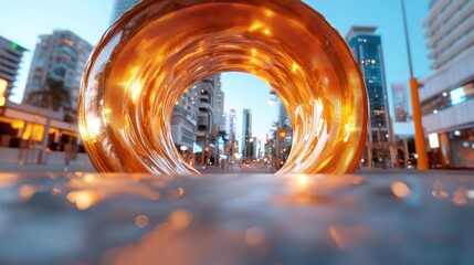 Poster - A wormhole shimmering with gold and bright light, standing on a street in a cityscape, with buildings in the blurred background. Sparks and highlights scatter across the foreground pavement
