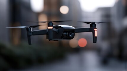 Poster - A black drone hovers mid-air, its propellers blurred with motion. In the background, a bokeh-filled urban environment creates a soft, indistinct scene. The drone's red lights illuminate its position