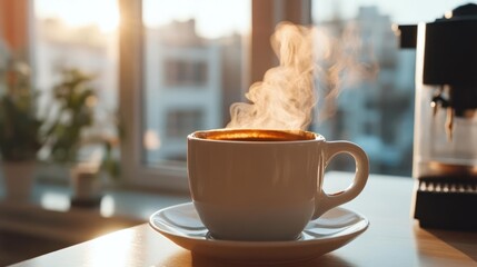 Aufkleber - Close-up shot of a white ceramic mug filled with steaming coffee, positioned on a saucer. The background features a bright, sunlit room with a window and blurred view of buildings, and a coffee