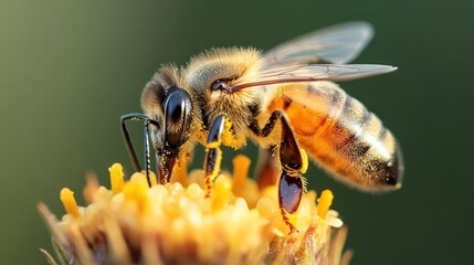 Aufkleber - Close-up shot capturing a brown bee collecting nectar from a vibrant yellow flower with a blurred green background. The bee's detailed textures and colors are highlighted in soft, natural lighting