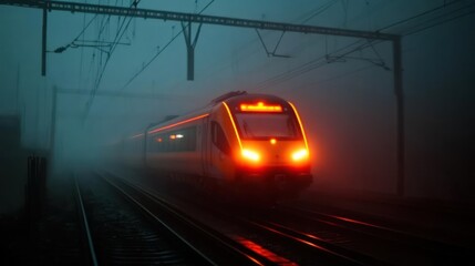 Leinwandbilder - A train emerges from dense fog at night with its lights glowing brightly, creating a dramatic contrast. The railway tracks lead into the mist, emphasizing the train's movement through the darkness