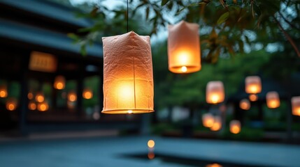 Aufkleber - Outdoor scene capturing multiple illuminated tan paper lanterns hanging from tree branches, creating a warm glow. The background includes blurred buildings and lush green foliage, adding depth to the