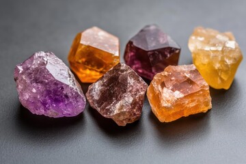 Poster - A collection of colorful crystal stones on a gray surface, featuring hues of purple, orange, and brown. The crystals are arranged in a row, showcasing their natural formations and sparkling textures