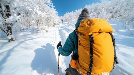 Poster - A lone figure ascends a snowy path in a winter landscape. The person is equipped with a large yellow backpack and trekking poles, moving through a forest covered in thick frost and snow under a clear