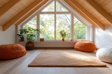 Poster - A cozy attic room with a large triangular window framing lush greenery. Features a woven rug, two textured orange poufs, and a potted plant, all bathed in soft, natural light, creating a serene and