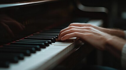 Poster - Close up shot of hands playing a black piano with keys. The hands are in motion, blurred slightly, showcasing the action. The focus is on the keys and hands, capturing a moment of musical expression