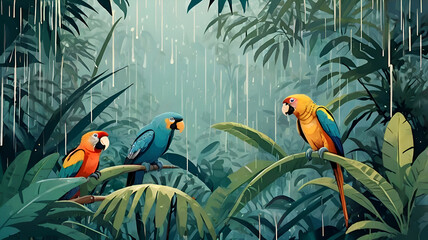 2d vector of animals like monkeys, parrots, and a leopard taking shelter under big jungle leaves as 