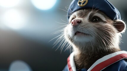 Aufkleber - Close up of an otter in navy blue uniform with a matching hat decorated with an emblem with white, blue and red accents. The otter gazes upwards against a blurred background