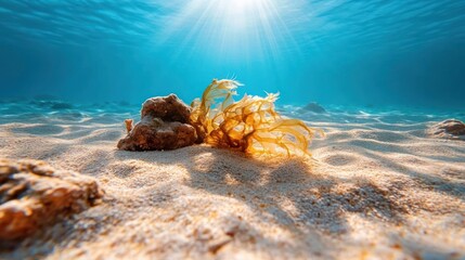 Aufkleber - Underwater scenery displays a sandy seabed, rock formations, and golden algae, illuminated by sunlight filtering through the clear blue water. Shadows cast depth, creating a serene aquatic