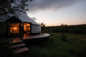 Aufkleber - Exterior shot of a yurt with wooden platform, glowing from inside with warm lights at dusk. The surrounding landscape includes green grass, bushes and moody sky with orange and dark gray clouds