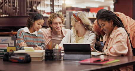 Poster - Happy, college and friends with students in library for assignment, reading and study group. University, learning and teamwork with people on campus for knowledge, future and research project