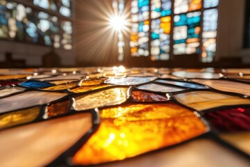 Poster - Close up on a colorful stained glass window with sun rays shining through, creating a warm, vibrant pattern. The light casts a bright glow on the glass, highlighting its intricate design and texture