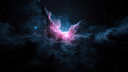 Aufkleber - Dramatic cosmic image of a nebula with radiant pink and white center glowing against a backdrop of swirling dark blue and black clouds, creating an ethereal celestial scene. Ideal for illustrating