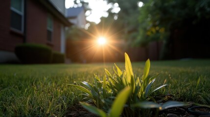 Aufkleber - A sunburst shines behind a clump of green plants sprouting in a lush green lawn, with a brick house blurred in the background, illuminated by the warm light of sunset or sunrise. The low angle