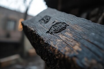 Aufkleber - Close-up shot of a dark, glossy wooden plank with raised markings, set against a blurred outdoor backdrop with muted colors and soft lighting, highlighting texture and craftsmanship