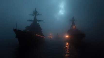 Poster - Two navy ships sailing through a dark, foggy ocean with the moon barely visible in the background. The ships' lights reflect on the water, creating a mysterious and ominous atmosphere