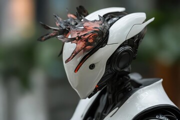 Poster - Close-up studio shot of a sleek, futuristic white and black robotic head with glowing orange accents and intricate detailing, set against a blurred neutral background