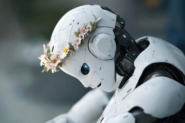 Poster - Close-up studio shot of a white robot wearing a floral crown looking down with a soft, blurred grey background. Robotic figure is shiny and clean, creating a gentle yet futuristic ambiance