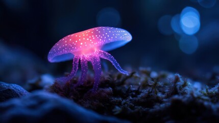 Poster - A vibrant jellyfish rests on a dark seabed, illuminated by glowing pink and blue light. The translucent creature is speckled with white dots, creating a surreal, underwater scene. The blurred