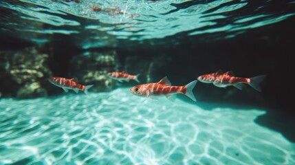 Poster - Underwater shot captures a group of striped fish swimming in clear turquoise water, with rocky formations visible in the background, creating a serene aquatic scene. The sunlight creates ripple