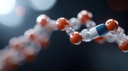 Poster - Close-up shot of a molecular structure featuring orange and transparent spheres connected by cylindrical shapes, against a blurred dark background with bokeh lights, creating a scientific or