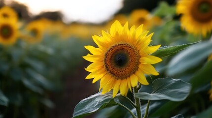 Leinwandbilder - Close-up of a vibrant sunflower with a dark center and dew-kissed leaves. The soft-focus background is filled with a field of sunflowers, creating depth and perspective under the evening sky