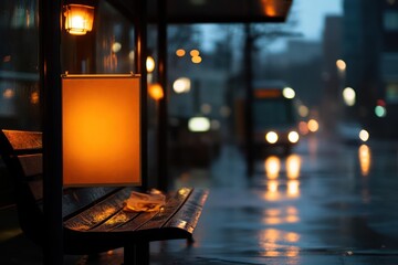 Aufkleber - A bus stop shelter with a blank illuminated sign at twilight after the rain. The ground is wet and there are headlights coming toward the station and light reflecting off the wet pavement. The scene