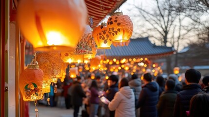 Aufkleber - Illuminated decorative lanterns hang at dusk, casting a warm glow over a crowd of people in coats, creating a festive atmosphere near a traditional building in the background