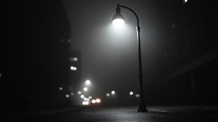 Aufkleber - A wet road at night is illuminated by a glowing street lamp, creating a noir atmosphere. City lights are visible in the distance, adding depth to the dark urban scene under a misty sky
