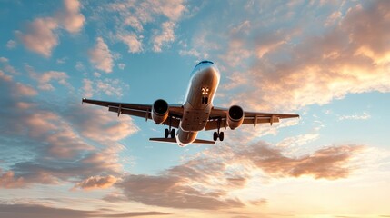 Poster - A low-angle shot captures a commercial airplane with its landing gear retracted, set against a backdrop of a vivid sunset sky with clouds in varying shades of blue and orange. The scene conveys a