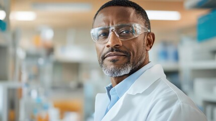Aufkleber - Headshot of a focused middle aged African American male scientist wearing a lab coat and safety glasses standing in a bright laboratory environment, shelves filled with scientific equipment and