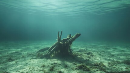 Aufkleber - Underwater scenery showcases a dilapidated structure on the seabed, bathed in diffused sunlight filtering through the water's surface, creating a serene yet decaying atmosphere