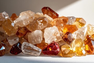 Poster - A macro shot showcases a pile of translucent, crystallized minerals in shades of white, amber, and deep red, lit by strong sunlight, casting sharp shadows and emphasizing their varied geometric