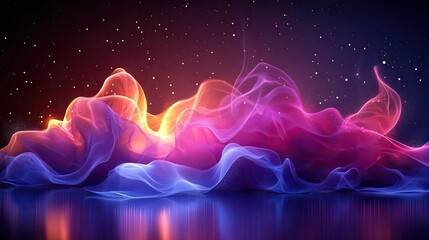 Wall Mural - Abstract Smoke Waves, Pink, Purple, and Gold Glowing Particles with Reflections