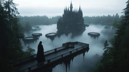 Poster - A dark gothic castle sits in the center of a misty lake, with a stone pathway leading to it through the fog. The dense forest surrounds the lake under an overcast sky, creating a mysterious and