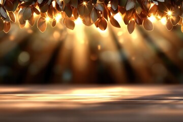 Aufkleber - A wooden surface is illuminated by golden sunbeams piercing through lush foliage, creating a serene and inviting scene. The soft, diffused light enhances the natural textures and colors
