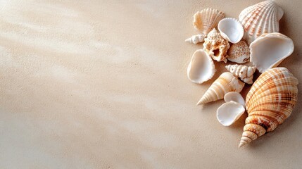 Poster - Arrangement of Seashells, displaying an assortment of shells in varied shapes, sizes, and beige with brown stripes on the sand, creates a soothing beach theme with clear view of textures and delicate