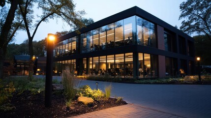 Aufkleber - Exterior view of a modern office building at twilight with illuminated windows, showcasing interior activity. A paved pathway leads to the entrance, lined with greenery and soft lighting, under a