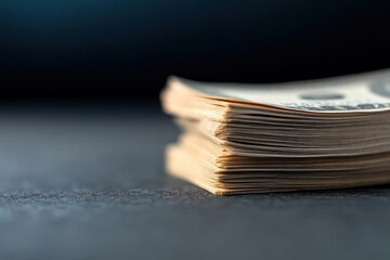 Poster - Close up shot of a thick stack of United States currency on a dark surface, illuminated by soft lighting. The edges of the bills are visible, showcasing a textured appearance and suggesting