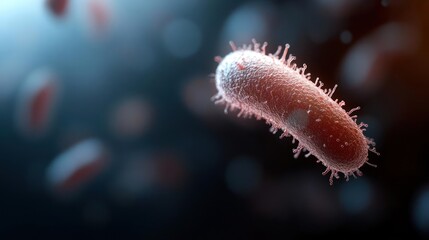 Poster - Close up microscopic 3D render of bacterium cell in red with a dark blue bokeh effect background. The bacterium is covered in small spikes and the background has out of focus spots