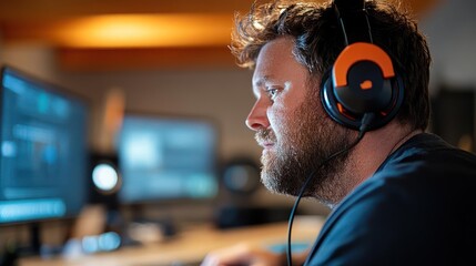 Poster - Close-up shot of a focused man with a beard wearing headphones, sitting in front of multiple computer screens in a warm, softly lit room. The image captures the atmosphere of concentration and