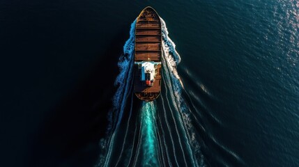 Aufkleber - Aerial top-down view showcases a cargo ship navigating through deep blue waters, creating a dynamic trail. The composition emphasizes the scale of the vessel against the vastness of the ocean